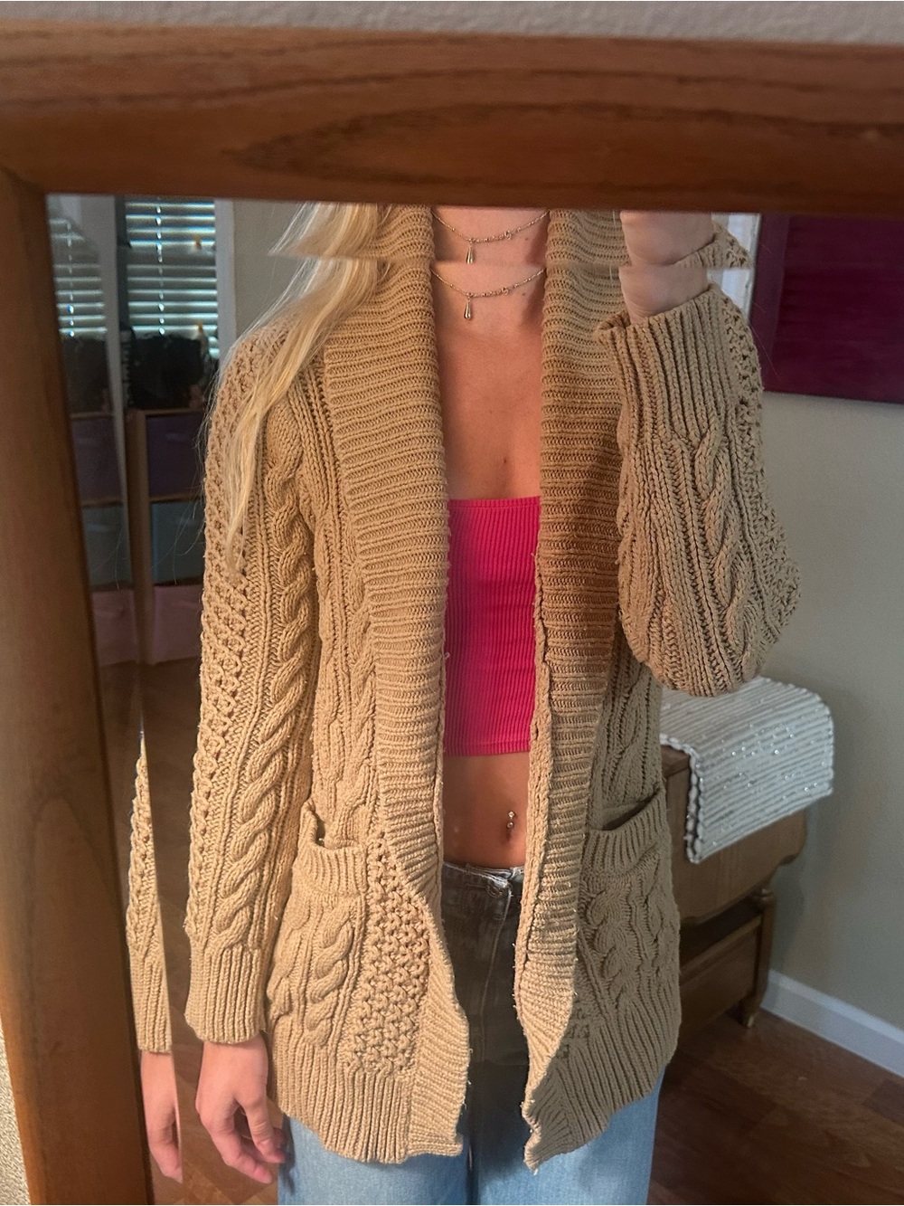 Michael Kors Cozy Cable-Knit Open Cardigan Sweater in Tan